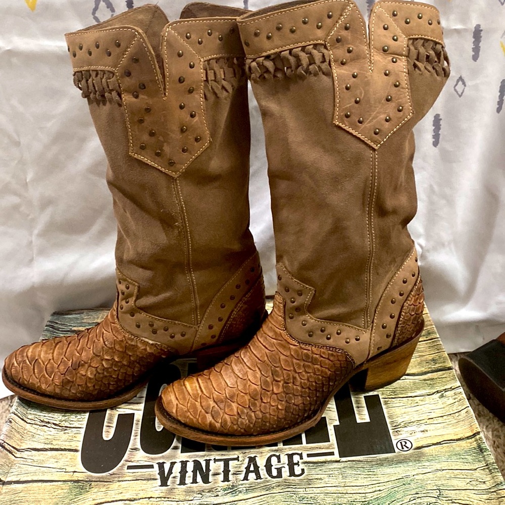 Corral Brown/Tan Suede and Ostrich Cowboy boots. 9.5